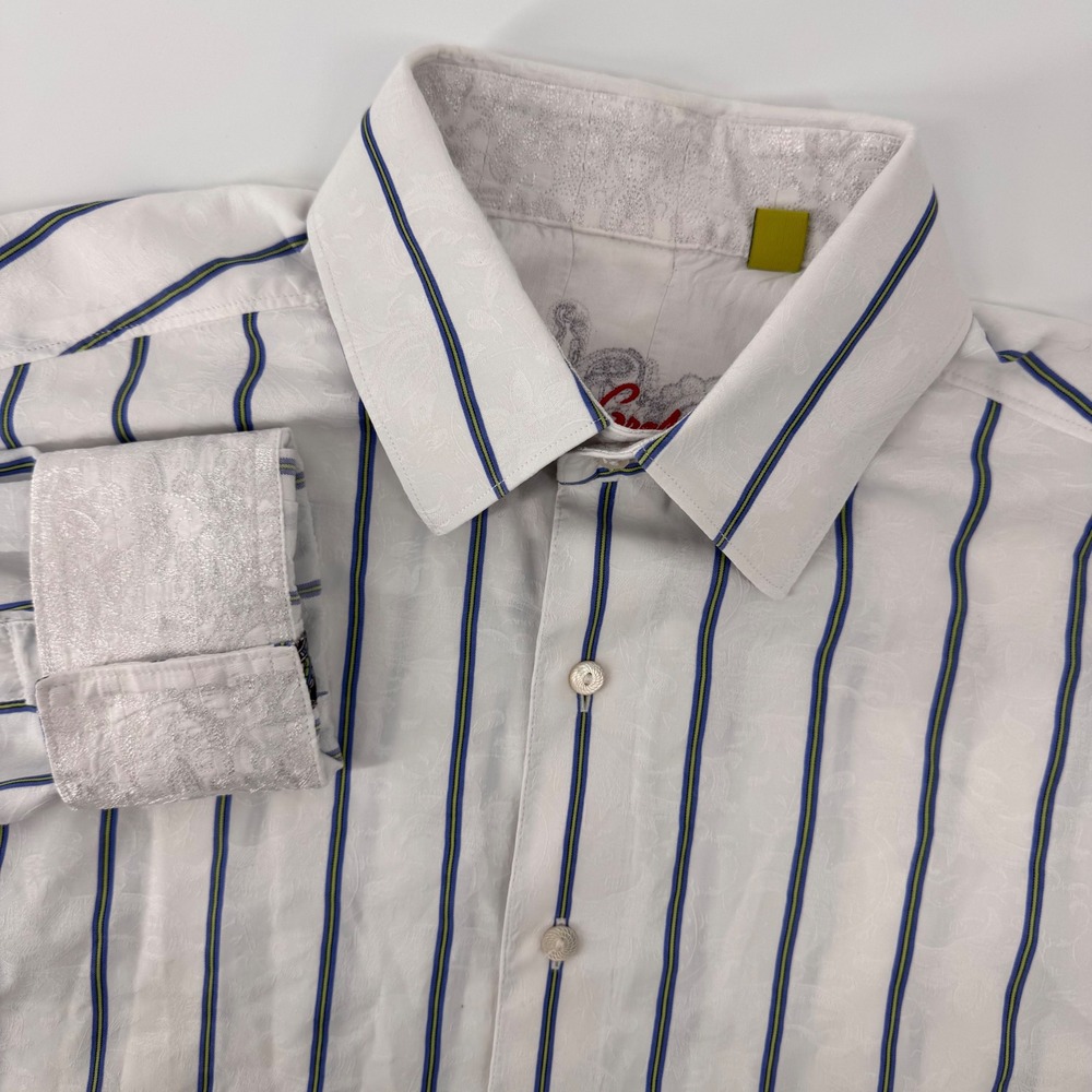 Robert Graham Button Down Mens Large White Striped Paisley Jacquard Classic Fit